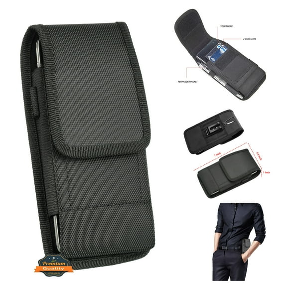 For Nokia G100 N150DL / Nokia G50 5G Universal Vertical Nylon Pouch Cell Phone Case Holster with 2 Credit Card Slot, Belt Clip Loop, Velcro closure Cover - Black
