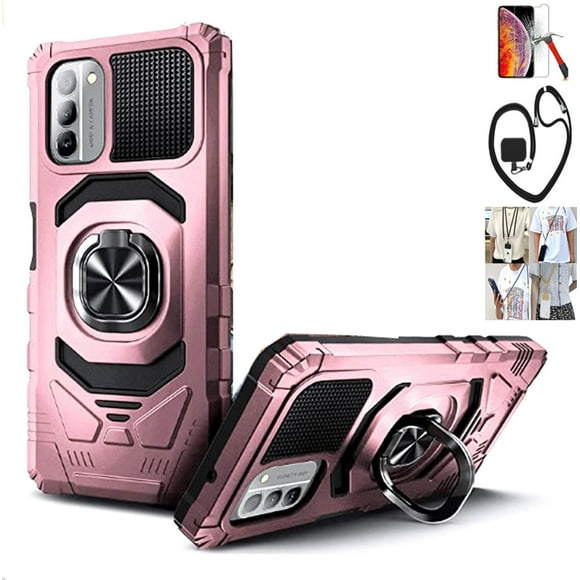 For Nokia G400 5G Case with Lanyard Crossbody Necklace, Screen Protector (Robotic Rose Gold / Tempered glass / Lanyard#6)