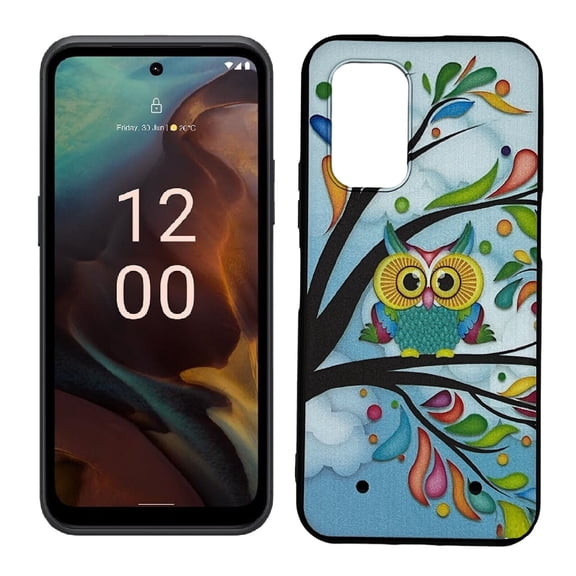 For Nokia XR21 TPU Flexible Skin Cover Cellphone Case + Tempered Glass - Owl Design