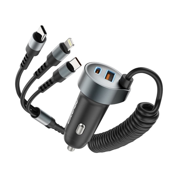 For Nothing Phone (4a) Pro 60W Car Charger Dual Port A with 3FT Built-in Cables Type C and 8 pin