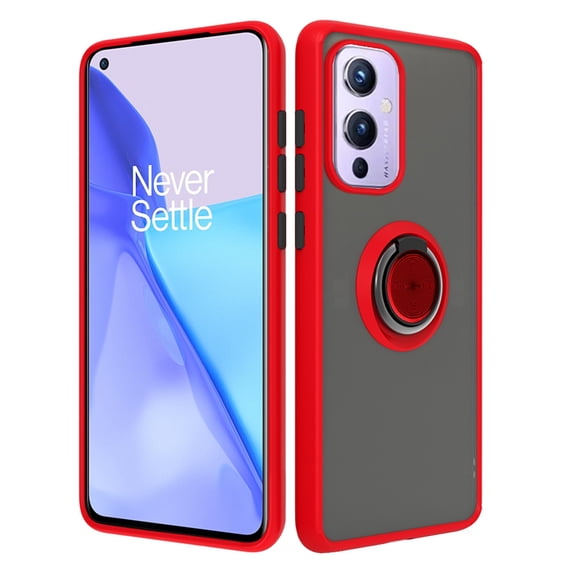 For OnePlus 9 Impact Metal Ring Holder Stand Magnetic Car Mount Protective Hybrid Case Cover Red