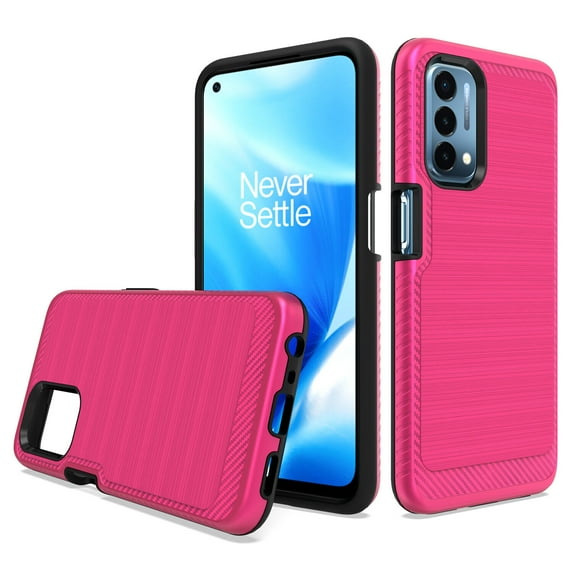For OnePlus Nord N200 5G DE2117 DE2118 Brushed Hybrid Phone Cover Case + Tempered Glass - Lining Pink