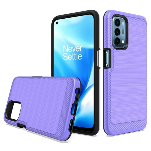 For OnePlus Nord N200 5G DE2117 DE2118 Brushed Hybrid Phone Cover Case + Tempered Glass - Lining Purple