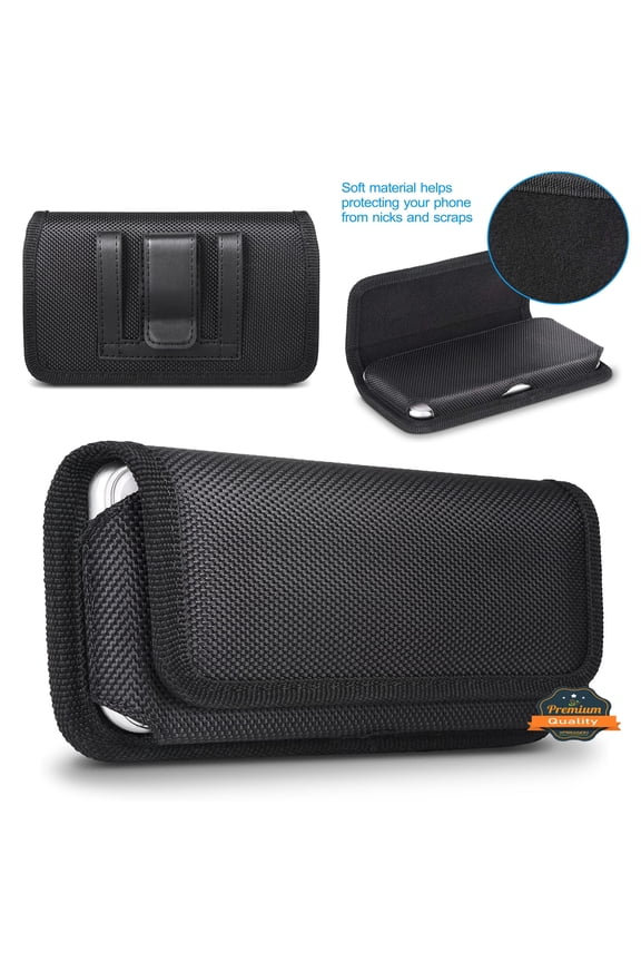 For OnePlus Nord N200 5G / OnePlus Nord N100 / OnePlus Nord N300 5G Nylon Canvas Fabric Waist Belt Holster Horizontal Pouch Holds XL Phone Works with Thick Cases Universal Cover - Black