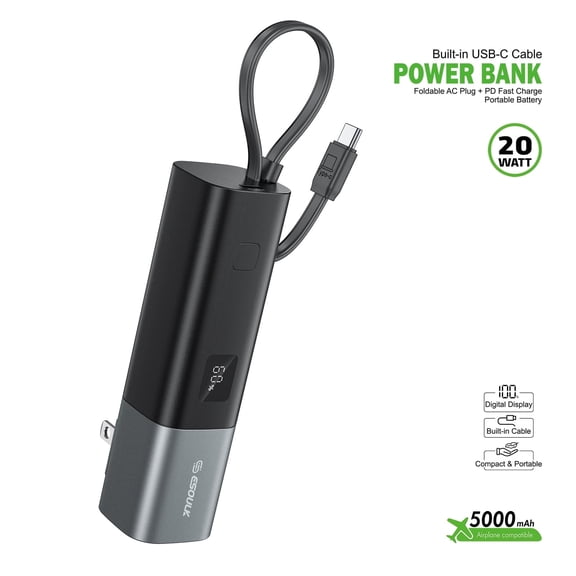 For PCD P65 P65R Bengal Max 5000mAh PD 20W Built-in Foldable AC Wall Plug and USB Portable Power Bank Charger