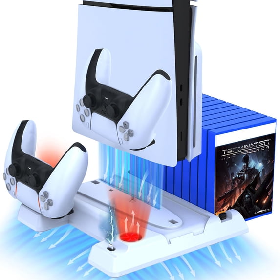 Game Console Charging Dock with Cooling Fans & Disc Storage – for PS5/PS5 PRO/PS5 Slim Disc & Digital Editions, Dual Controller Charging Station, 11 Disc Slots-White