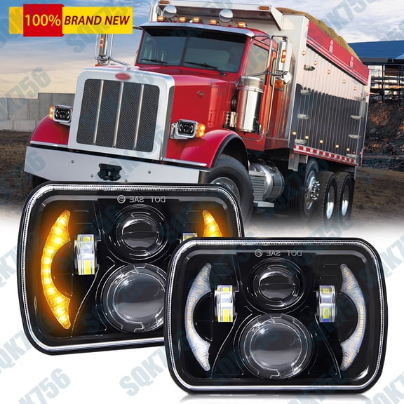 For Peterbilt 365 2008-2017 Truck Pair 7x6" Square LED Headlight w/ High/Low DRL