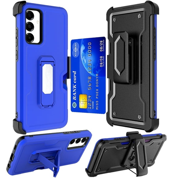 For Pinwheel Plus 5 Card Holster Kickstand Hybrid Cover Cell Phone Case + Tempered Glass - Card Holster Blue