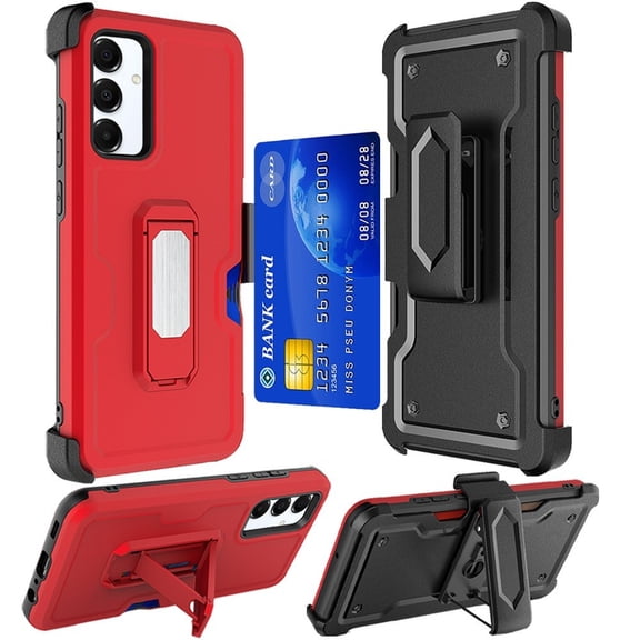 For Pinwheel Plus 5 Card Holster Kickstand Hybrid Cover Cell Phone Case + Tempered Glass - Card Holster Red