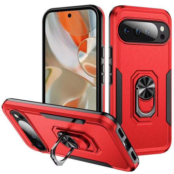 For Pixel 10 Pro XL Tough Hybrid With Ring Stand Case - Red
