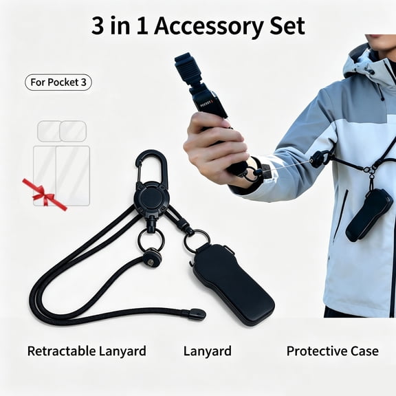 For Pocket 3 Protective Case Set, Retractable Lanyard & Tempered Glass Screen Protector, Hard Shell Quick Open/Close, Black