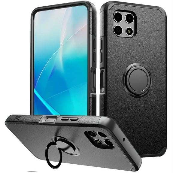 For REVVL 7 5G Ring Kickstand Cellphone Cover Case + Tempered Glass - mkrng Black