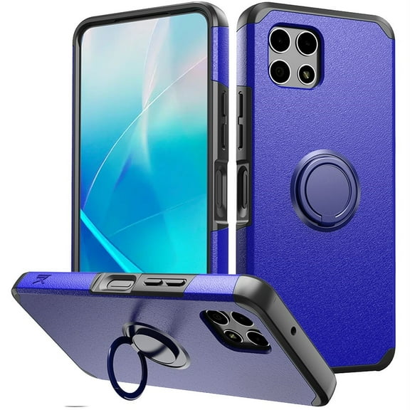 For REVVL 7 5G Ring Kickstand Cellphone Cover Case + Tempered Glass - mkrng Blue