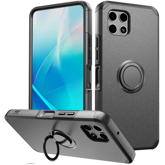 For REVVL 7 5G Ring Kickstand Cellphone Cover Case + Tempered Glass - mkrng Gray