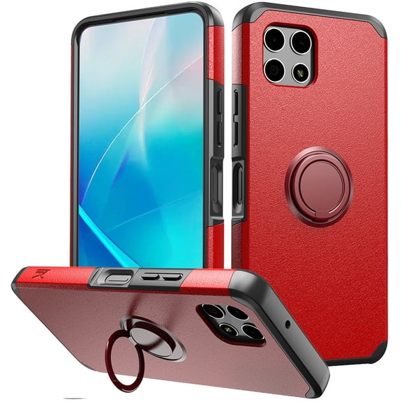 For REVVL 7 5G Ring Kickstand Cellphone Cover Case + Tempered Glass - mkrng Red