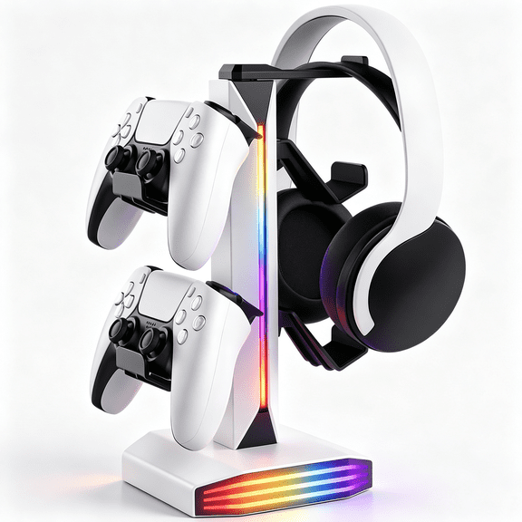 For RGB Gaming Controller & Headset Stand Multi-Functional Game Accessory Holder Compatible with PS5 PS4 Xbox Switch Controllers White