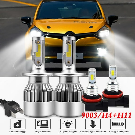 For Renault Clio 2002-2009 LED Headlight Bulbs,9003/H4 High/Low Beam LED Headlight Bulbs and H11 LED Fog Light Bulbs 4pc