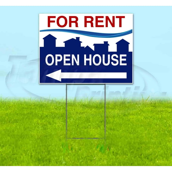 For Rent Open House Left (18" x 24") Yard Sign, Includes Metal Step Stake