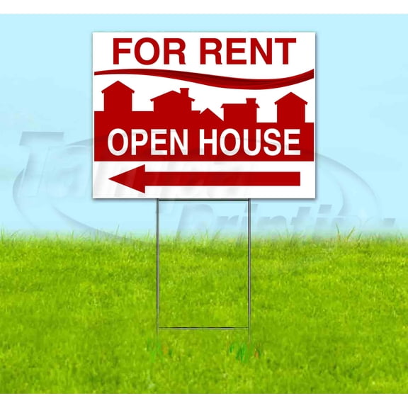 For Rent Open House Left (18" x 24") Yard Sign, Includes Metal Step Stake