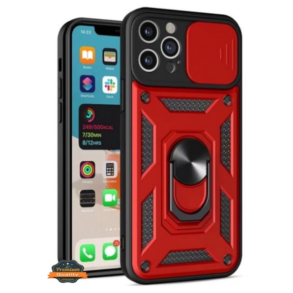 For Revvl 7 5G (T-Mobile) Built in Sliding Camera Lens Protection & Finger Ring Stand Holder Hybrid PC Shockproof Phone Case Cover by Xpression - Red