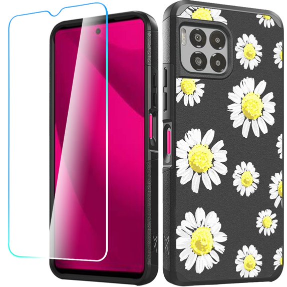 For REVVL 7 Pro 5G Tough Strong MetKase Hybrid (Magnet Mount Friendly) + Tempered Glass Case Cover - Chamomile Flowers