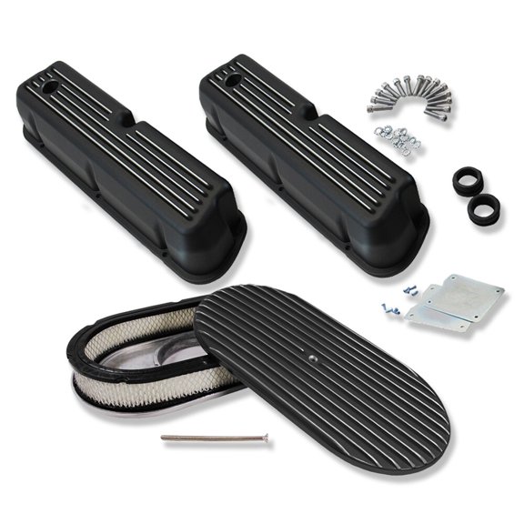 For SBF 302 62-85 Retro Finned Black Tall Valve Covers w/ Hole & 15" Air Cleaner