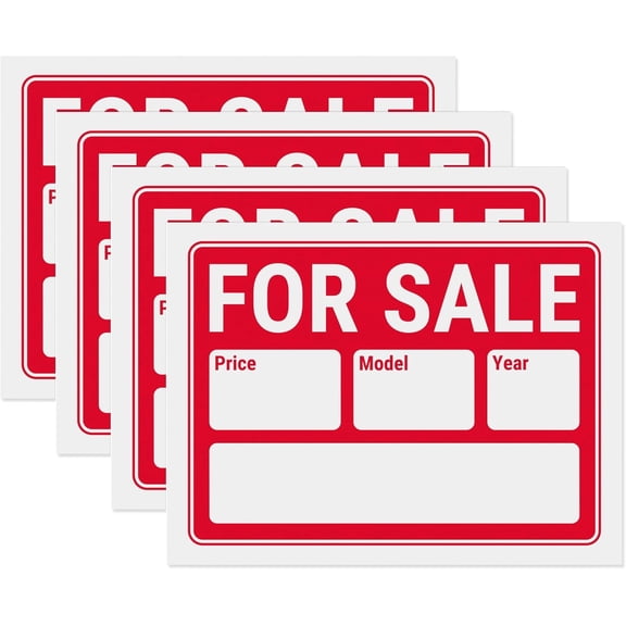 For Sale Signs 12x9, Plastic Signs for Car, Trailer, Vehicle for Sale with Year and Model, Waterproof Plastic (Pack of 4)