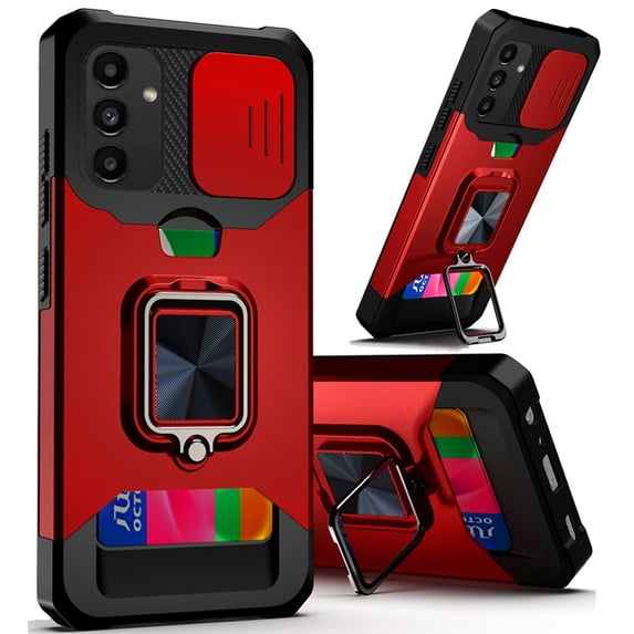 For Samsung A14 5G Multi-Functional Card Magnetic Ring Stand Hybrid Camera Case Cover - Red