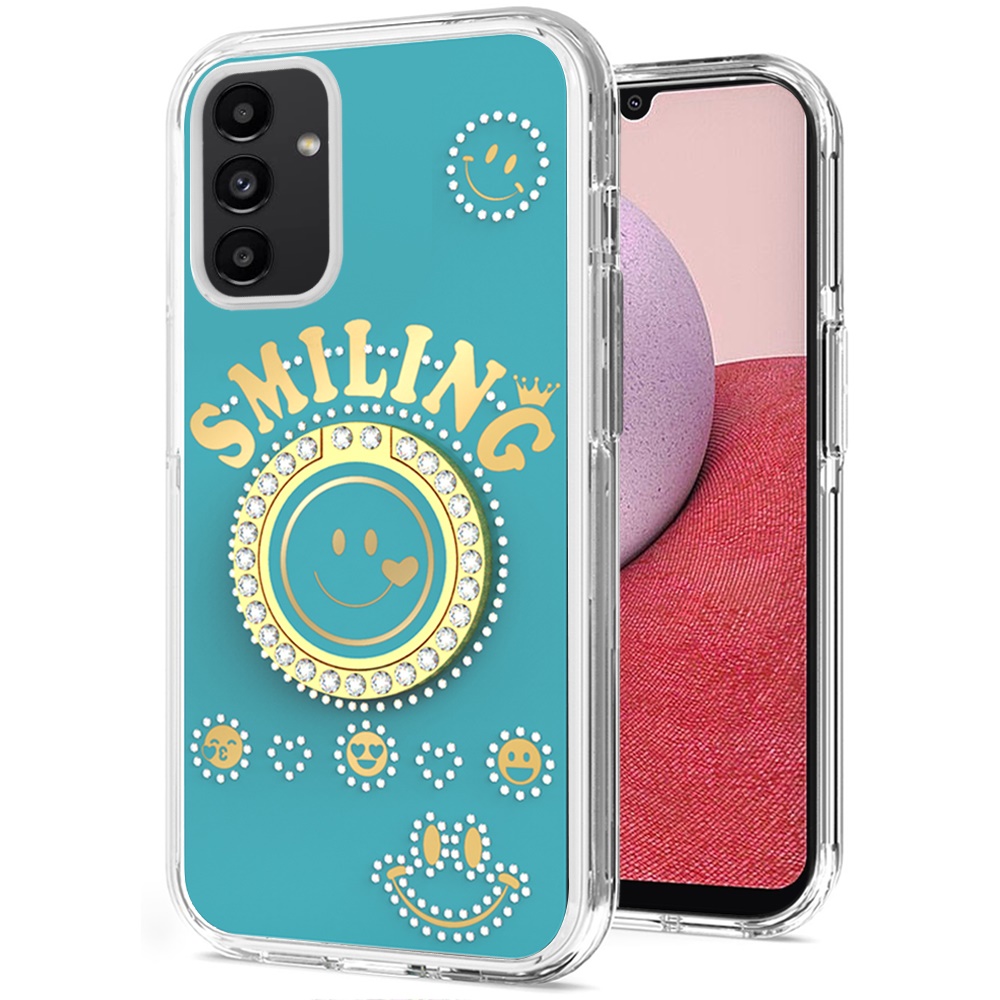 For Samsung A14 5g Smiling Glitter Ornament Bling With Ring Stand Hybrid Case Cover - Blue - image 1 of 3