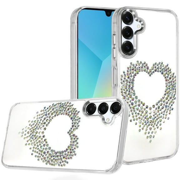For Samsung A16 5G Angel Hearts Bling Shimmer Colorful Glitter Chrome Edged Hybrid Case - Silver