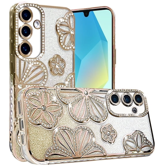 For Samsung A16 5G Case Bling Floral 3D Glitter Phone Cover + Tempered Glass