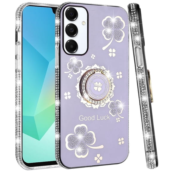 For Samsung A16 5G Splendid Glitter with Diamonds All Around Edges Ring Stand Case Cover - Purple