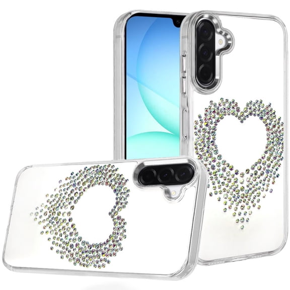 For Samsung A17 5G Angel Hearts Bling Shimmer Colorful Glitter Chrome Edged Hybrid Case - Silver
