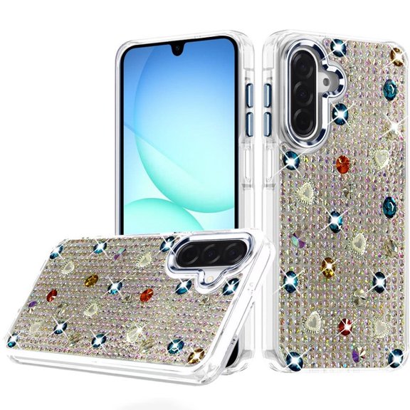 For Samsung A17 5G Charming Hearts Bling Diamonds Stones Chrome Hybrid Case - Blue