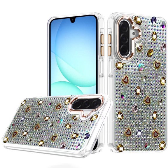 For Samsung A17 5G Charming Hearts Bling Diamonds Stones Chrome Hybrid Case - Gold