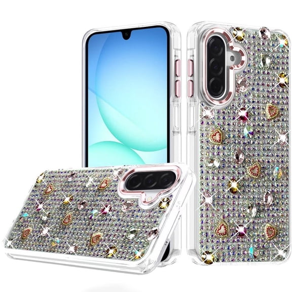 For Samsung A17 5G Charming Hearts Bling Diamonds Stones Chrome Hybrid Case - Pink