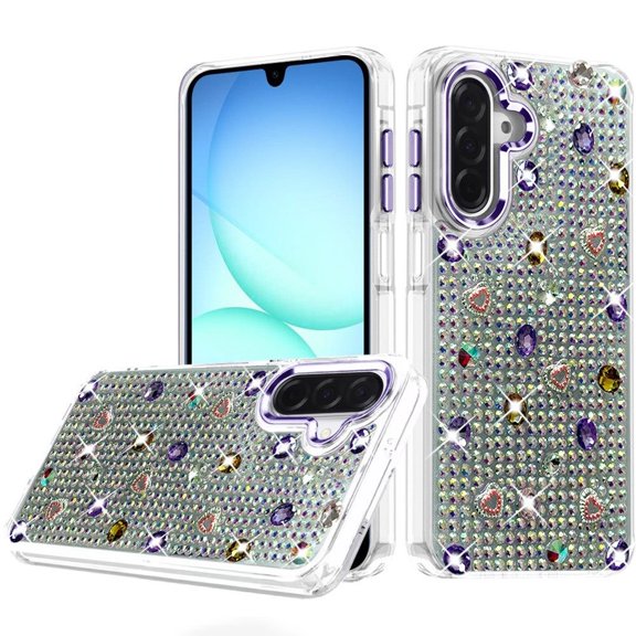 For Samsung A17 5G Charming Hearts Bling Diamonds Stones Chrome Hybrid Case - Purple