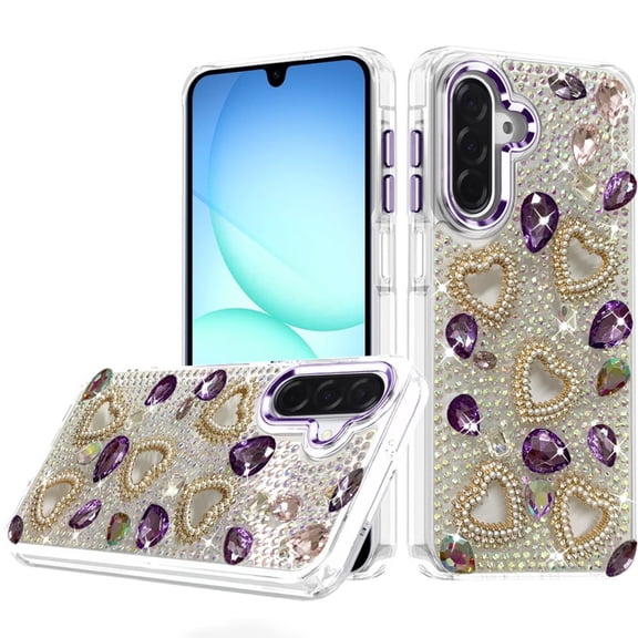 For Samsung A17 5G Luxury Crystal Heart Rhinestones Diamond Bling Hybrid Case - Dark Purple