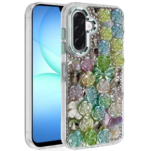 For Samsung A17 5G Muti-Color Floral Bling Stones Ornaments Case - Green