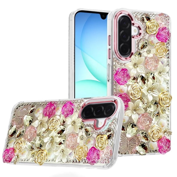 For Samsung A17 5G Muti-Color Rose Bling Stones Ornaments Case - Pink