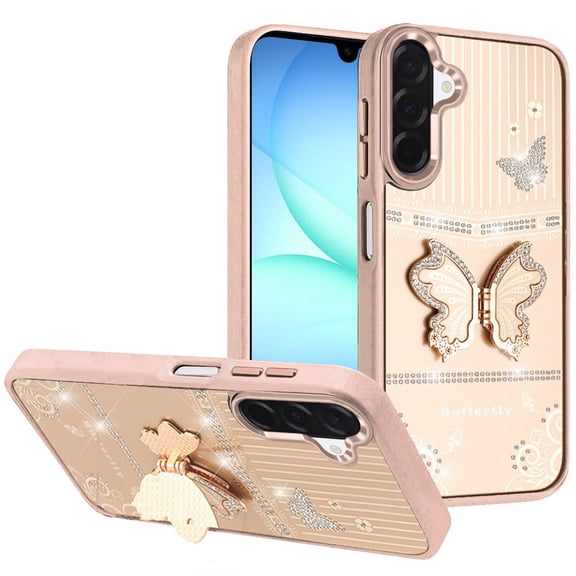 For Samsung A17 5G Case 3D Butterfly Bling Charm Stand Cover + Tempered Glass