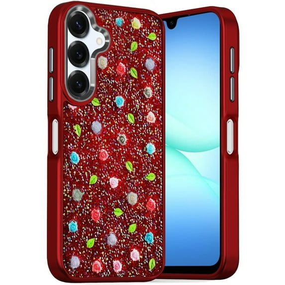 For Samsung A17 5G Stick-On Embedded Glass Diamonds of Colorful Floral Arrangement HQ Hybrid Case - Red