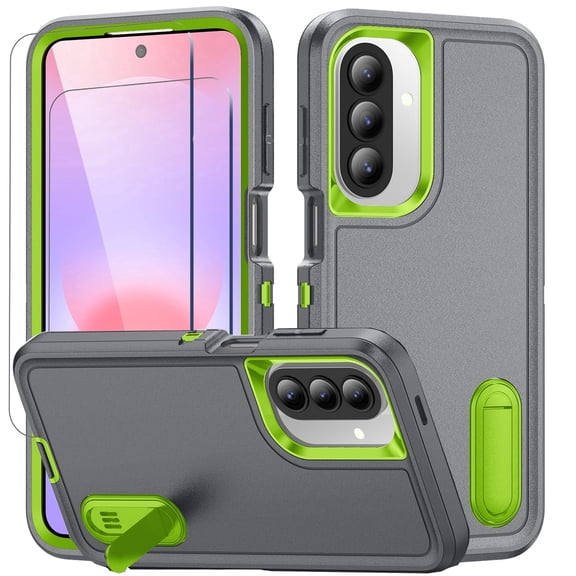 For Samsung A27 Rugged Case,Dual Layer Cover,Kickstand Dustproof Military Grade Shockproof Phone Case Shell for Galaxy A27 6.7"(Gray/Green)