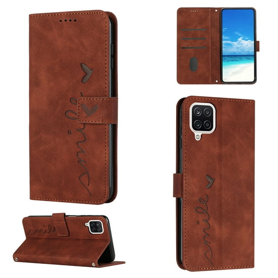 For Samsung A42 Case 5G Wallet Cover, PU Leather Kickstand Credit Card Pocket Slots Wrist Strap Magnetic Folio Heart Patterned Embossed Flip Cover for Samsung Galaxy A42 5G, Brown