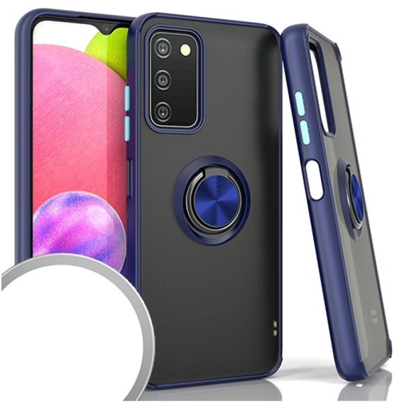 For Samsung Galaxy A03S SM-S134DL O-Ring Cover Phone Case + Tempered Glass - Blue