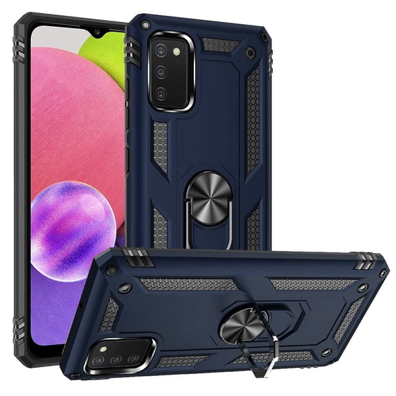 For Samsung Galaxy A03S SM-S134DL Ring Kickstand Phone Cover Case + Tempered Glass - Blue