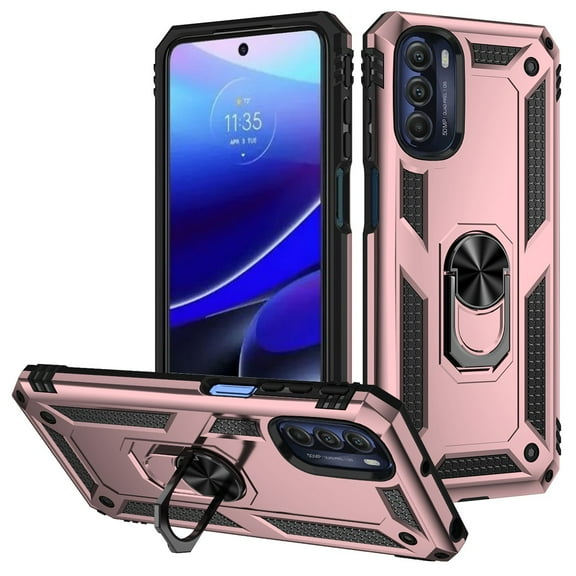 For Samsung Galaxy A03S SM-S134DL Ring Kickstand Phone Cover Case + Tempered Glass - Rose Gold