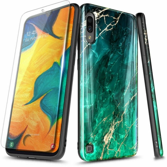 For Samsung Galaxy A10 Case [NOT FIT A10E] with Tempered Glass Screen Protector, Ultra Slim Thin Glossy Stylish, Gold Glitter Marble Design Phone Cover - Emerald