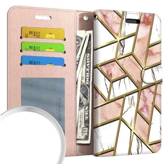 For Samsung Galaxy A13 5G S136DL Wallet Pouch Cover Cell Phone Case + Tempered Glass - Marble Pink