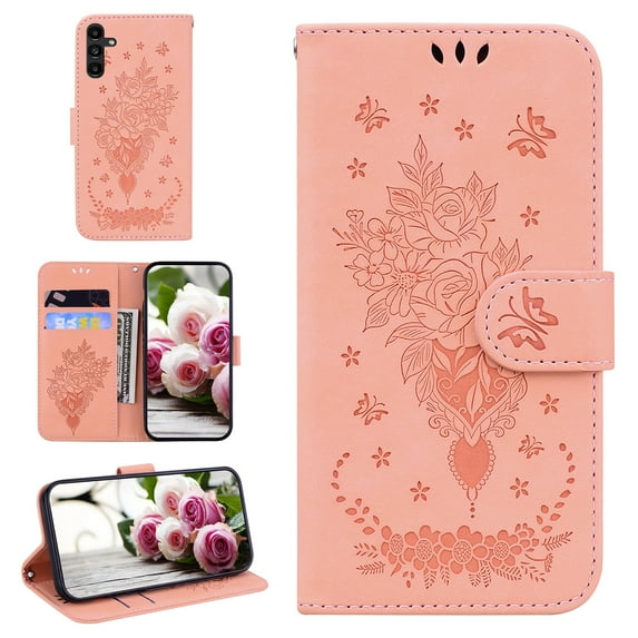 For Samsung Galaxy A13 Case 4G , Butterfly Embossed Pattern PU Leather Magnetic Folio Flip Kickstand Protective Cards Pocket with Hand Strap Wallet Cover For Samsung Galaxy A13 4G,Pink
